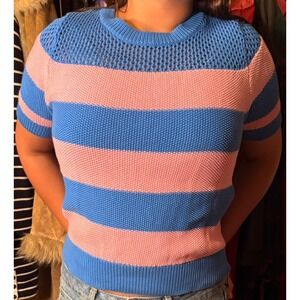On 34th Knit Top Women Medium Blue Pink Excellent Striped Short Sleeve Pointelle